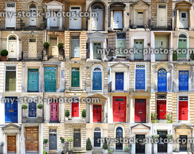 Stock image of multiple front doors collage / Georgian townhouse doors, colours