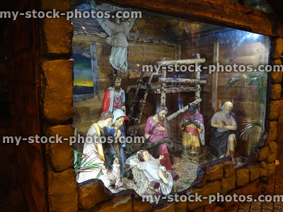 Stock image of nativity display at Christmas, Mary, Joseph, Jesus, Three Kings