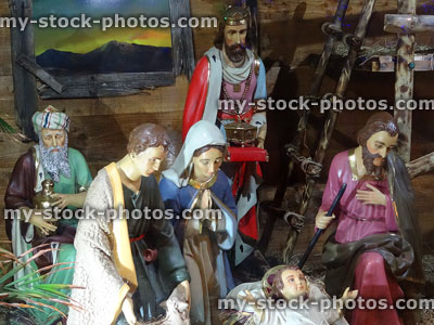 Stock image of religious nativity scene in barn with baby Jesus