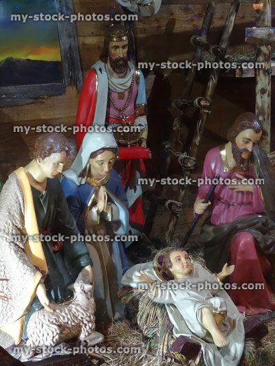 Stock image of Christmas nativity display with Mary, Joseph, Jesus, Three Kings