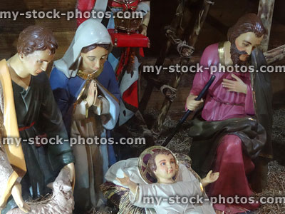 Stock image of Mary, Joseph, baby Jesus in Christmas nativity scene
