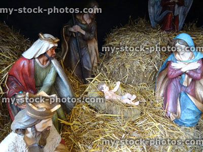 Stock image of large model Christmas nativity scene, Mary, Joseph, baby Jesus, stable