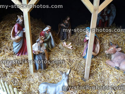 Stock image of large model Christmas nativity scene, Mary, Joseph, baby Jesus, stable