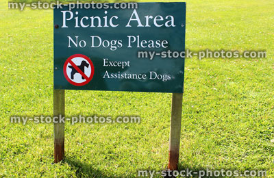 Stock image of Picnic Area sign, No Dogs Please, Except Assistance Dogs