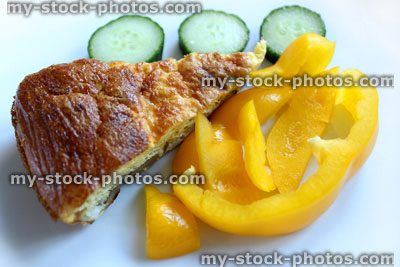 Stock image of healthy breakfast, Spanish omelette, yellow pepper, cucumber slices