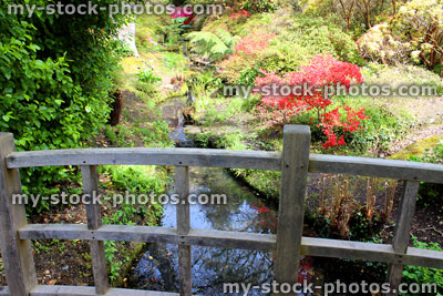 Stock image of wooden oriental bridge in landscaped Japanese garden