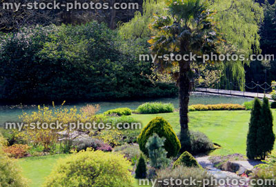 Stock image of landscaped gardens with shrubs, pond and palm tree