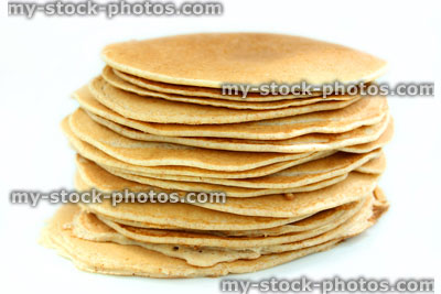 Stock image of large stack of homemade pancakes, healthy breakfast / eating