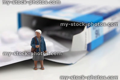 Stock image of mini figure stood by blue cardboard packet of Paracetamol painkillers