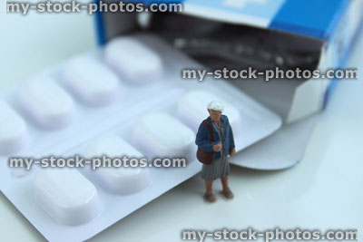 Stock image of mini figure stood by blue cardboard packet of Paracetamol painkillers
