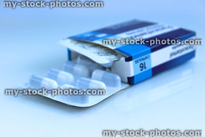 Stock image of open, blue cardboard packet of Paracetamol pain relief (close up)