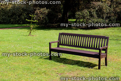 Stock image of wooden bench in garden, on green lawn