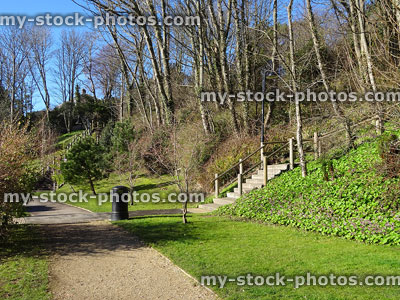 Stock image of litter bin in public park with concrete staircase