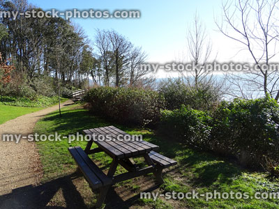 Stock image of clifftop park with sea views and picnic tables