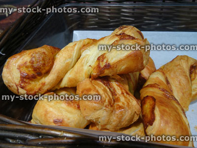 Stock image of freshly baked, twist croissants, bakery, buttery, flaky pastry