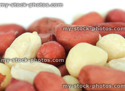Stock image of mixed red skin peanuts close up in white dish, healthy eating