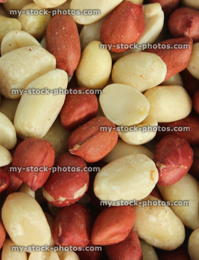 Stock image of redskin peanuts close up, healthy energy food, high protein