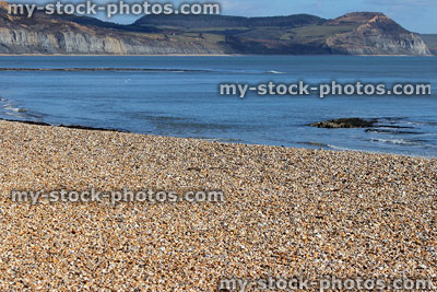 Stock image of Lyme Regis pebble beach, sea, cliffs and sky