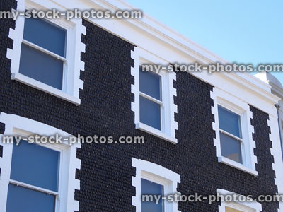 Stock image of townhouse with black pebble facade and white windows