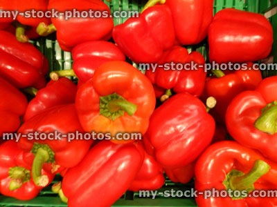 Stock image of red bell peppers / red peppers (capsicums), supermarket crate