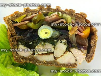 Stock image of slice of freshly basked savoury picnic pie