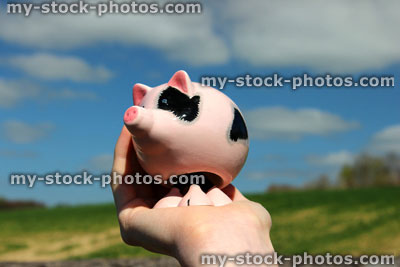Stock image of pink and black piggy bank held in hand