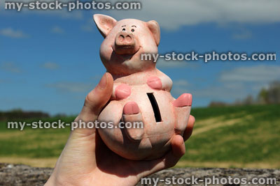Stock image of cheerful smiling pink piggy bank held in hand 