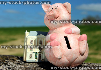 Stock image of cheerful piggy bank and small home / dolls house