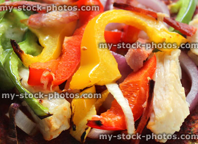 Stock image of healthy pizza, wholemeal dough, peppers, chicken, red onions