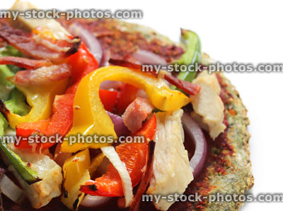 Stock image of healthy pizza, wholemeal base, peppers, chicken, red onions