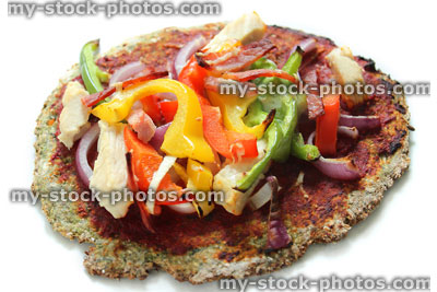 Stock image of healthy pizza, wholemeal dough, peppers, chicken, red onions