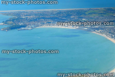 Stock image of aerial view of Weymouth beach, seaside and sea, Dorset, England