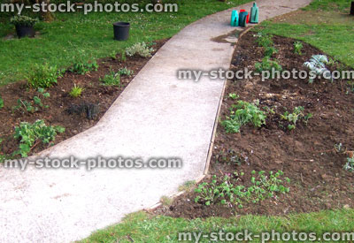 Stock image of newly planted flower border