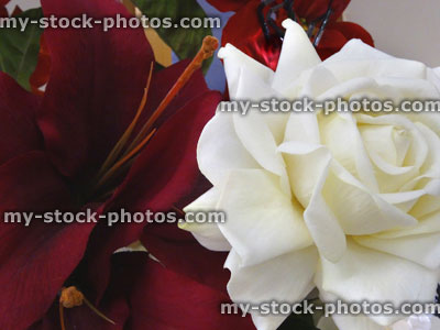 Stock image of artificial plastic / silk rose flowers, fake white roses, burgundy red lily