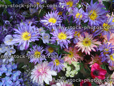 Stock image of plastic / silk purple, pink, blue daisies / artificial aster daisy flowers