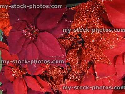 Stock image of artificial poinsettia flowers with glitter, plastic / silk red Christmas poinsettia