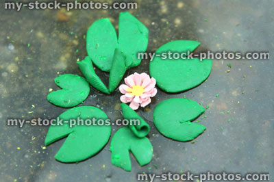 Stock image of miniature model lily pads / water lily, made with polymer modelling clay