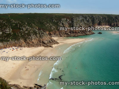 Stock image of view of Porthcurno Beach, Cornwall, England, UK