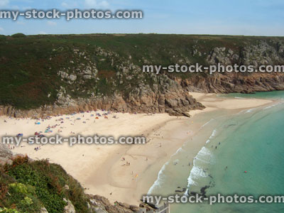 Stock image of view of Porthcurno Beach, Cornwall, England, UK