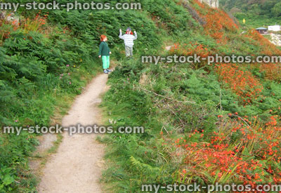 Stock image of children walking down cliff path with crocosmia flowers