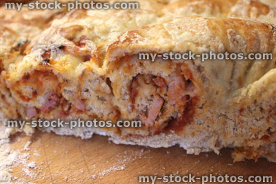 Stock image of homemade savoury povitica bread, pizza bread swirls with cheese topping