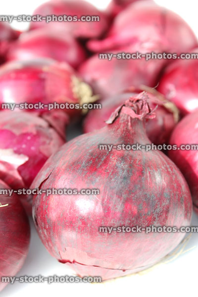 Stock image of dried purple / red onions on white background, mild flavour