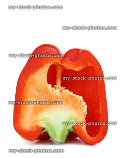 Stock image of large red pepper / capsicum, cross section, cut in half