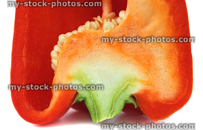 Stock image of red pepper / capsicum cross section, raw vegetable, seeds, stalk