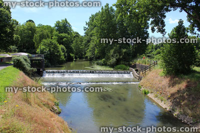 Stock image of healthy river flowing over weir waterfall, trees, riverbank