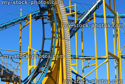 Stock image of curves, slopes, railroad tracks of funfair rollercoaster ride