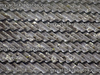 Stock image of weathered old grey clay roof tiles with moss and lichen