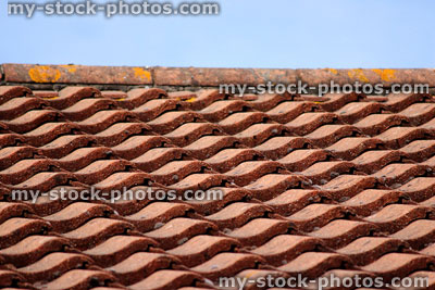Stock image of clay terracotta roof tiles against a blue sky