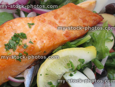 Stock image of pan fried salmon nicoise meal, salad, eggs, lemon