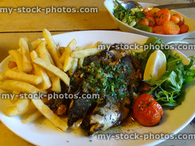 Stock image of grilled sea bass, chips / French fried, side salad, vegetables